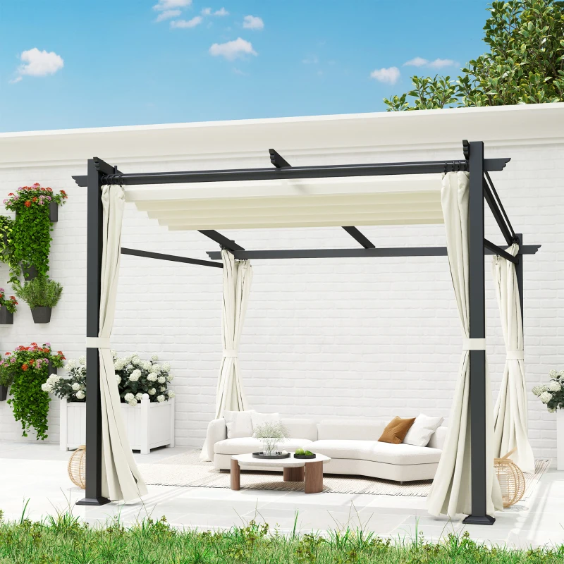 Outsunny Metal Pergola with Sliding Roof Canopy, Retractable Pergola Canopy, 10' x 10', Beige