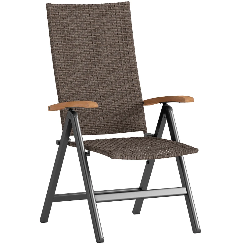 Outsunny Folding Wicker Patio Dining Chair with 5-level Reclining Back, Wooden Armrests for Outdoor, Garden, Backyard, Brown