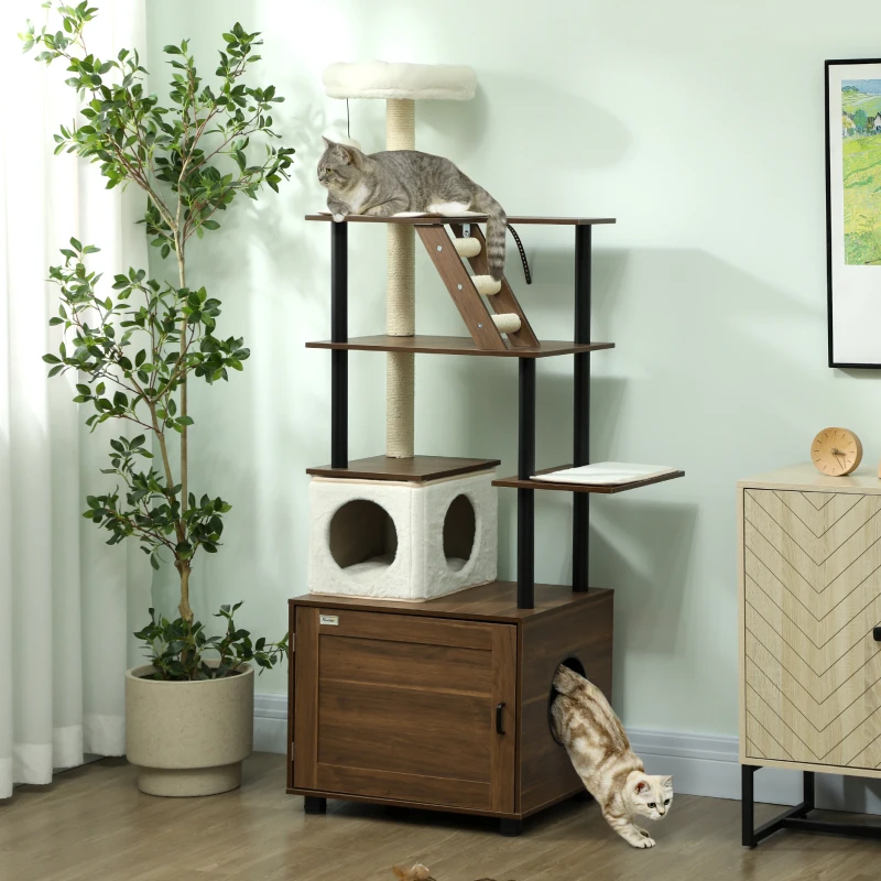 PawHut 68.5" Cat Tree with Litter Box Enclosure, 2 in 1 Cat Tower Hidden Litter Box Furniture with Scratching Posts, Brown