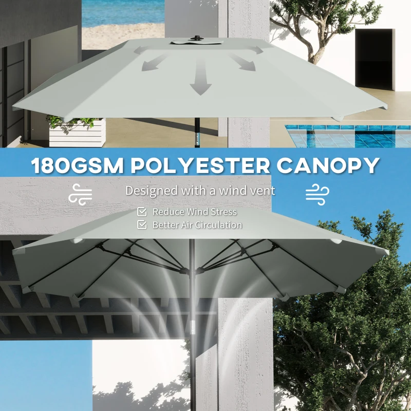 Outsunny 7.6FT Aluminum Patio Umbrella Parasol 8 Ribs Outdoor Market Umbrella with Crank, Push Button Tilt for Deck, Backyard and Lawn, Light Grey