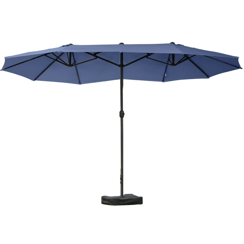 Outsunny 15' Outdoor Patio Umbrella with Twin Canopy Sunshade Steel Table Umbrella w/ Lift Crank, Cross base, Sandbag, Dark Blue