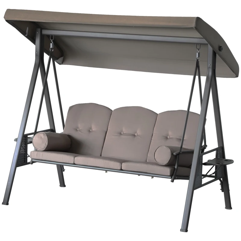 Outsunny 3 Seater Porch Swing Heavy Duty Outdoor Swing Chair Outdoor Lounge Hammock Cushioned Seat W/ Tilt Canopy, Brown