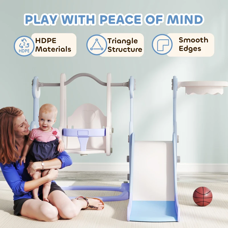Qaba 4 in 1 Toddler Slide and Swing Set for Ages 1.5-4, Toddler Playset Playground with Climber, Basketball Hoop, Light Blue