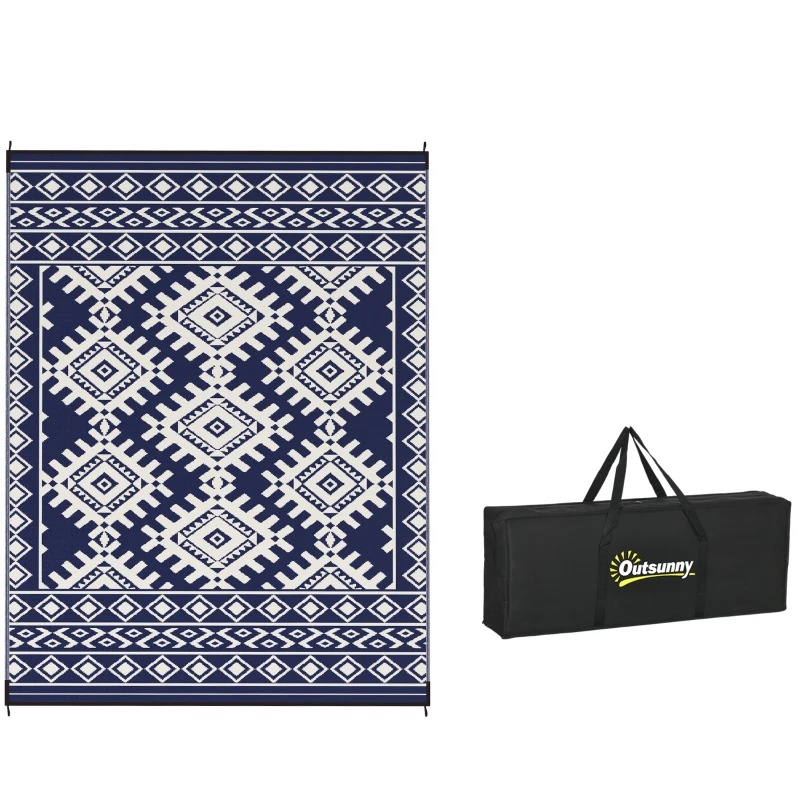 Outsunny Reversible Outdoor Rug, Waterproof Plastic Straw with Carry Bag, 9' x 12', Blue & White Rhombus Border