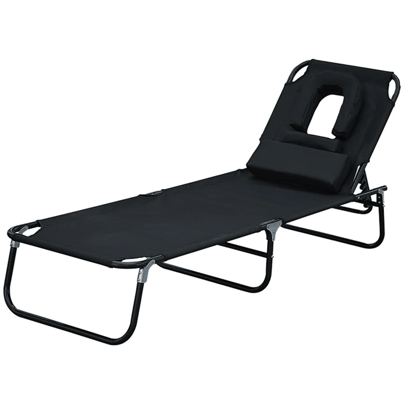 Outsunny Folding Outdoor Lounge Chair, Portable Reclining Beach Lounger with Face Hole, Detachable Pillow, 4-Position Adjustable Backrest, For Patio, Garden, Poolside, Black