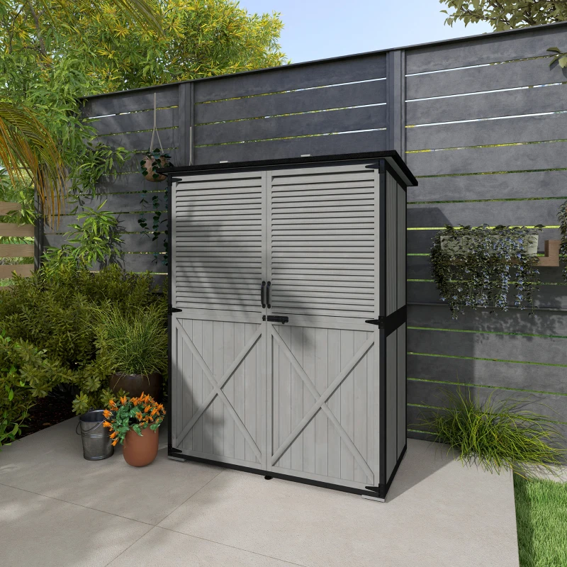 Outsunny Outdoor Storage Cabinet, Wood Garden Shed with Steel Frame, Asphalt Roof, 2 Shelves and Lockable Doors, Grey
