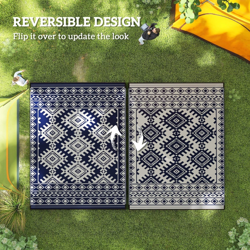 Outsunny Reversible Outdoor Rug, Waterproof Plastic Straw with Carry Bag, 9' x 12', Blue & White Rhombus Border