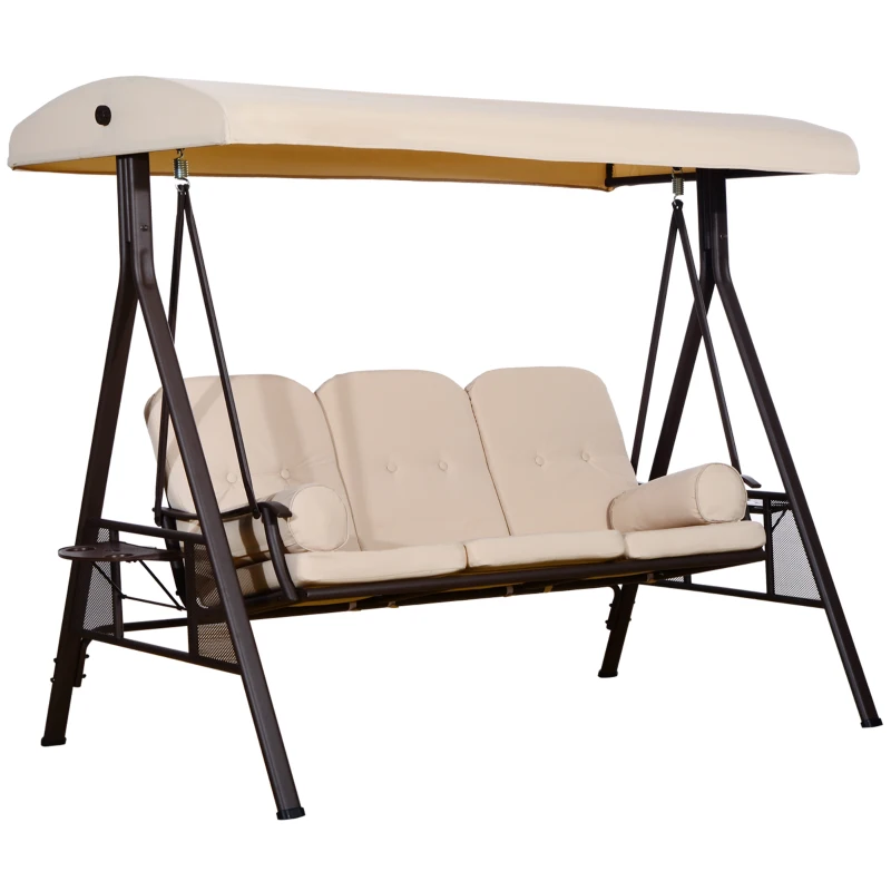 Outsunny 3 Seater Heavy Duty Swing Chair Outdoor Lounge Hammock Cushioned Seat W/ Tilt Canopy, Beige