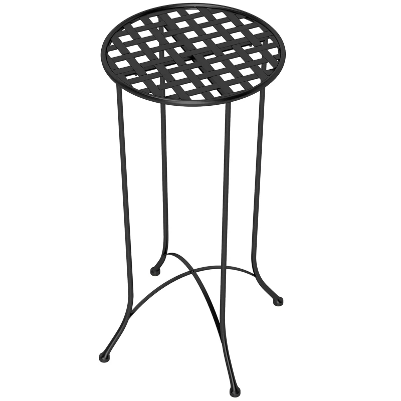 Outsunny 16" Round Outdoor Table, Small Patio Side Table, Metal End Table Plant Stand with Grid Top for Indoor, Garden, Black