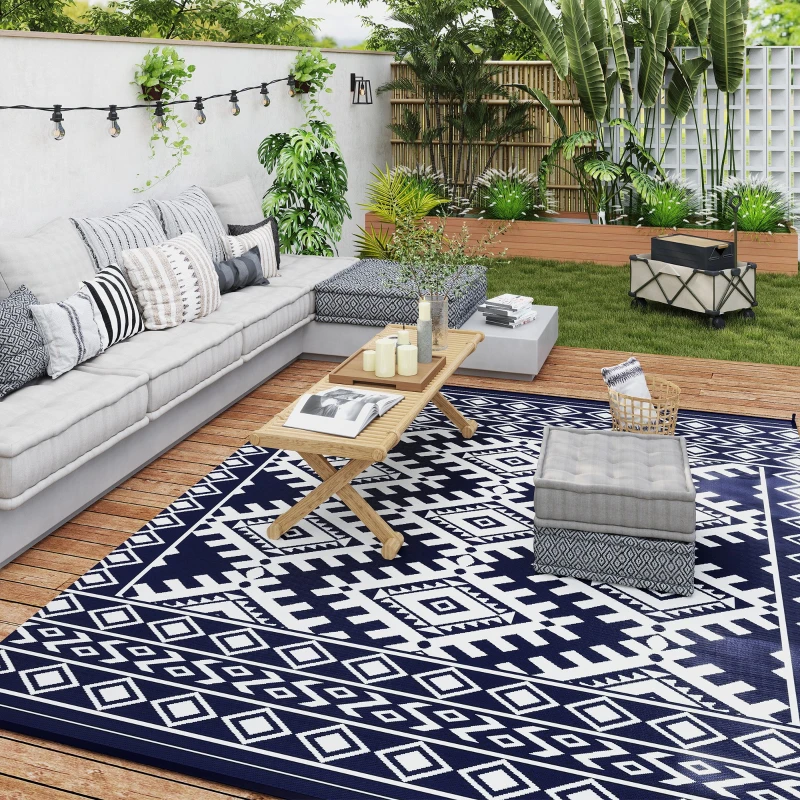 Outsunny Reversible Outdoor Rug, Waterproof Plastic Straw with Carry Bag, 8' x 10', Blue & White Rhombus Border