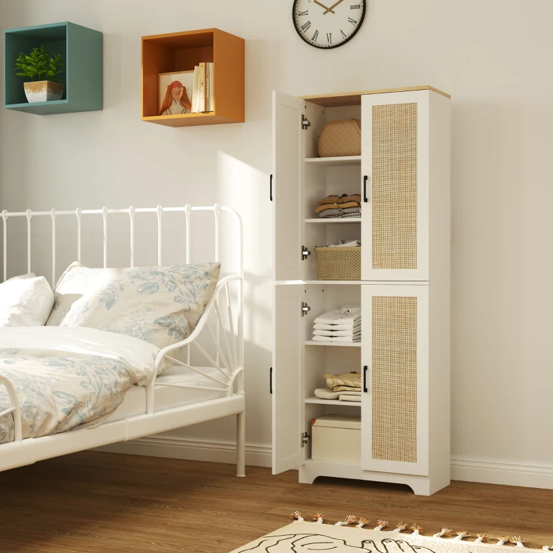 HOMCOM 67" Tall Kitchen Pantry, Freestanding Kitchen Storage Cabinet with 4 Rattan Doors and Adjustable Shelves, White