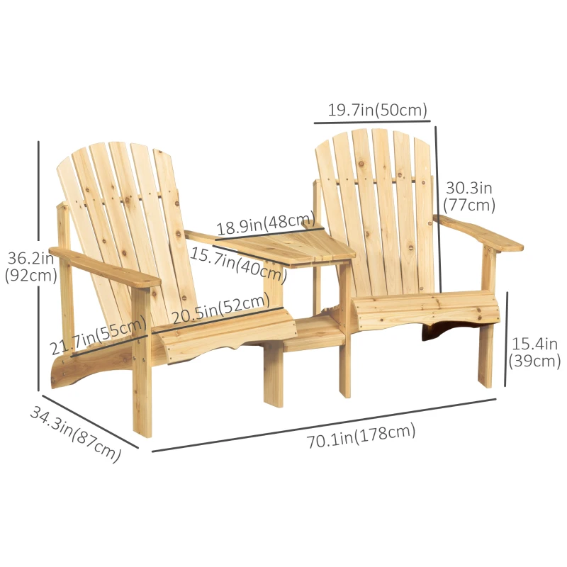 Outsunny 2 Piece Pair Wood Adirondack Chair Porch Tete-A-Tete Bench Two Seater w/ Middle Table Reclined Wooden Umbrella Hole, Natural