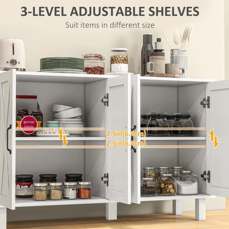 HOMCOM Kitchen Sideboard Cabinet with 4 Barn Doors and 2 Adjustable Shelves, Buffet Table for Living Room, Hallway, White