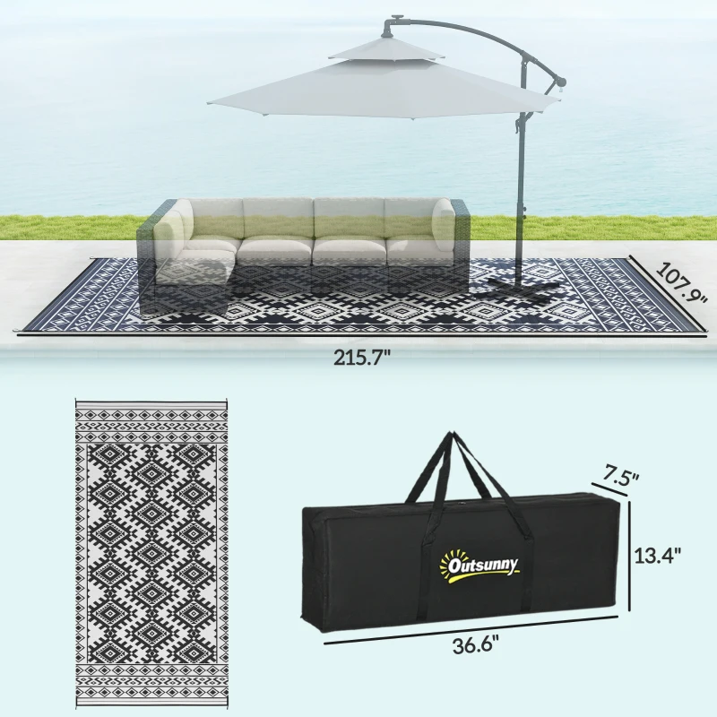 Outsunny Reversible Outdoor Rug, Waterproof Plastic Straw with Carry Bag, 9' x 18', Black & White Rhombus Border