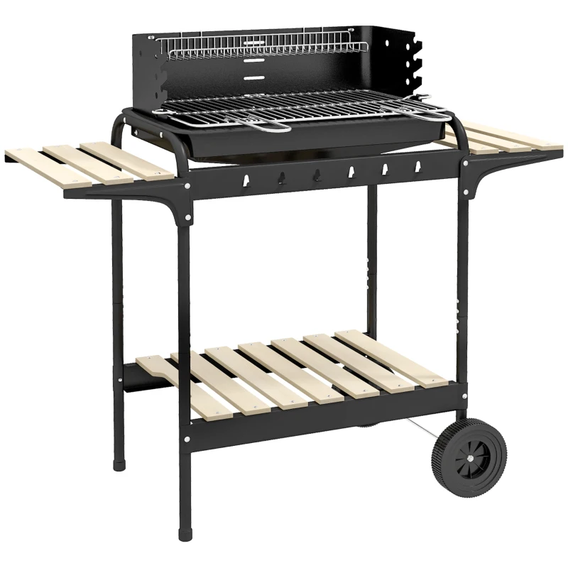 Outsunny Charcoal Barbecue Grill with Adjustable Grill Height, Portable BBQ Trolley with Ash Catcher and Wheels, Black