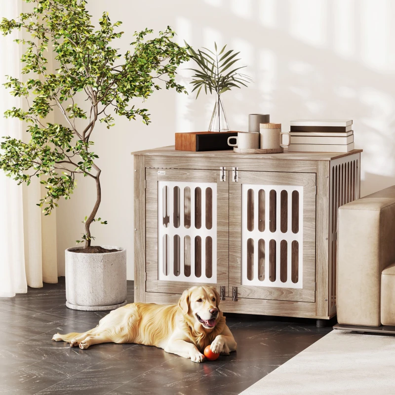 PawHut 39" Dog Crate Furniture with 2 Doors, Adjustable Non-slip Foot Mats, for Large Dogs, Walnut Brown