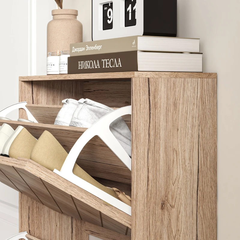 HOMCOM Shoe Storage Cabinet with 3 Flip Drawers, Narrow and Slim, 12 Pair of Shoes Organizer for Hallway, Entryway, Nature Wood