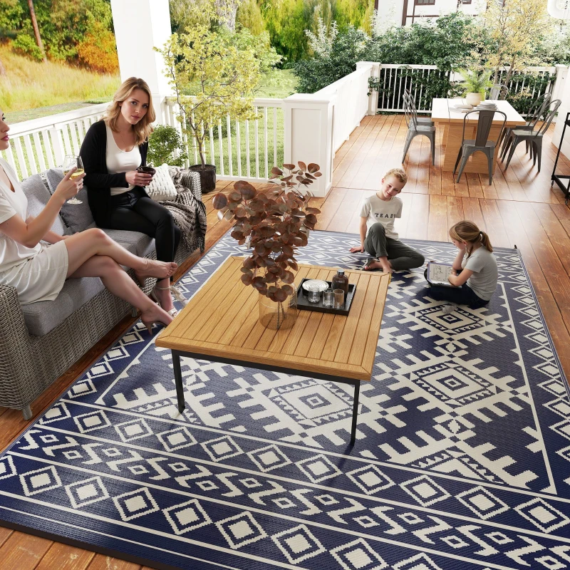 Outsunny Reversible Outdoor Rug, Waterproof Plastic Straw with Carry Bag, 9' x 12', Blue & White Rhombus Border