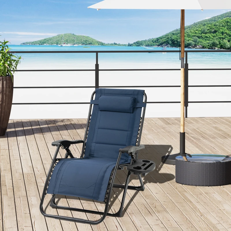 Outsunny Zero Gravity Lounger Chair, Padded Folding Reclining Patio Chair with Cup Holder, Detachable Headrest, Extra Wide Seat, 400 LBS Capacity for Pool, Camping, Blue