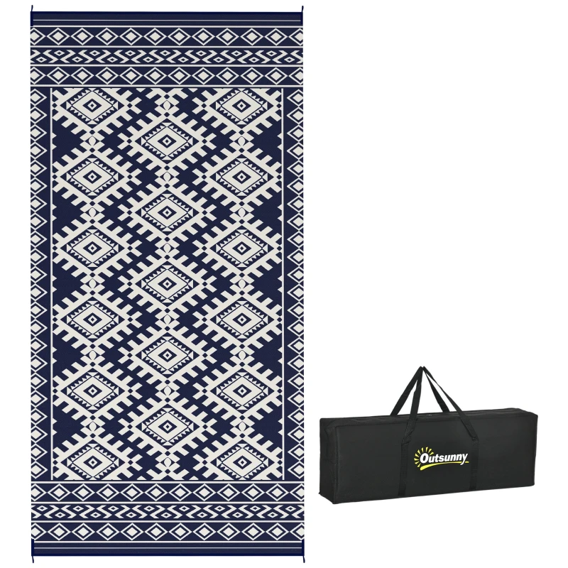 Outsunny Reversible Outdoor Rug, Waterproof Plastic Straw with Carry Bag, 9' x 18', Blue & White Rhombus Border