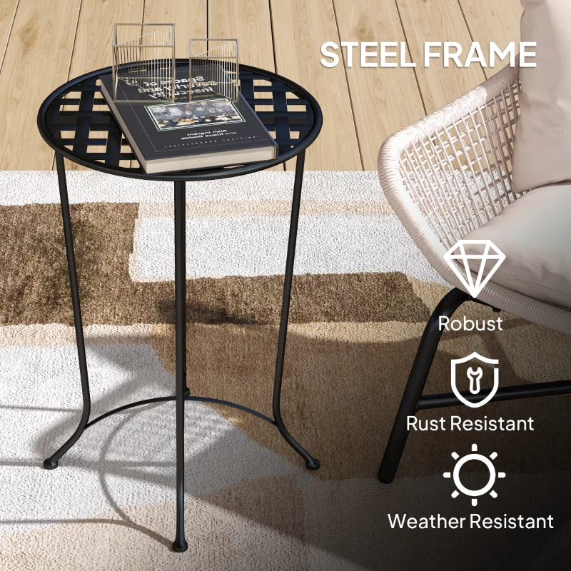 Outsunny 16" Round Outdoor Table, Small Patio Side Table, Metal End Table Plant Stand with Grid Top for Indoor, Garden, Black