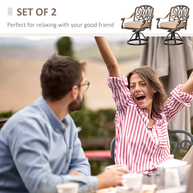 Outsunny 2 Pieces Patio Swivel Chairs with Cushion, Aluminum Frame, 3" Thick Cushions, For Garden, Balcony, Porch, Bronze
