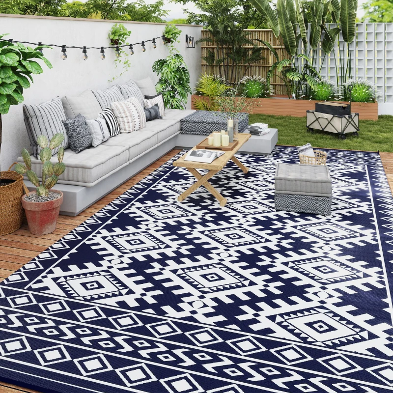 Outsunny Reversible Outdoor Rug, Waterproof Plastic Straw with Carry Bag, 9' x 18', Blue & White Rhombus Border