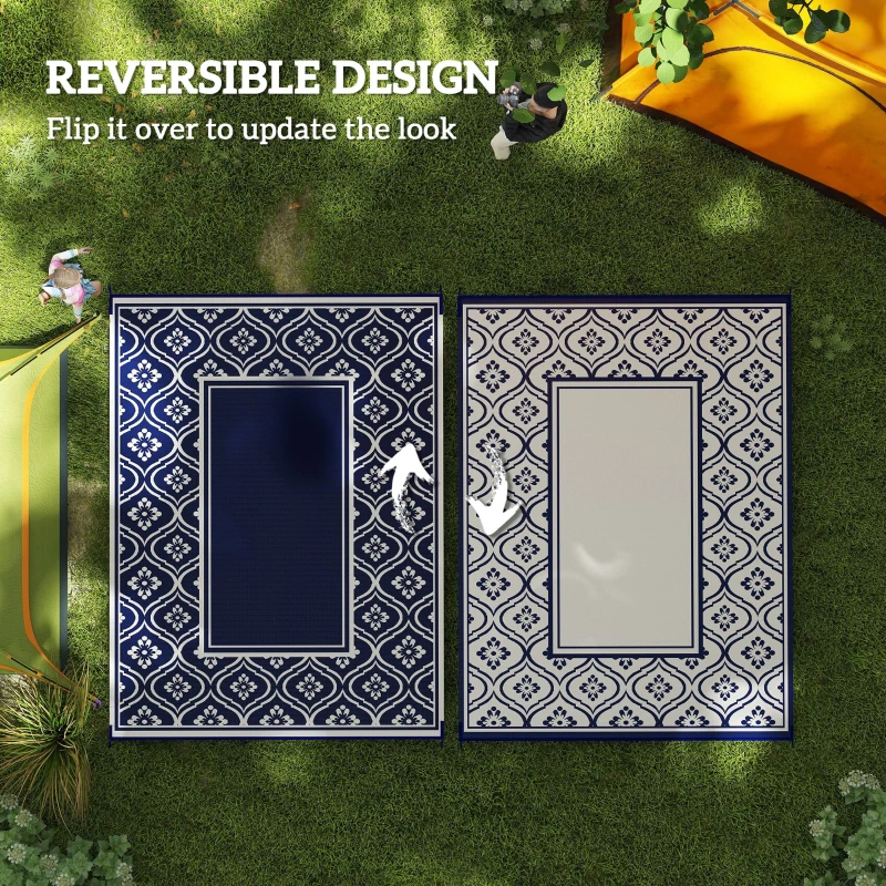 Outsunny 9' x 12' Outdoor RV Rug, Reversible Patio Floor Mat with Carry Bag, Gourd Border, Blue and White