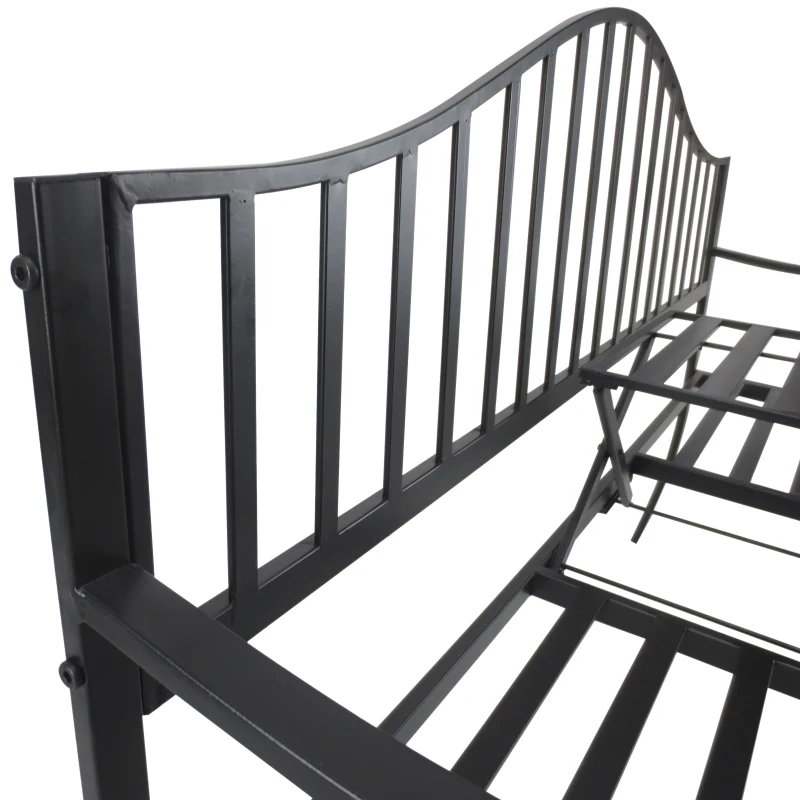 Outsunny Outdoor Bench with Retractable Middle Table, Metal Frame Patio Loveseat with Slatted Seat and Backrest, Curved Armrests, Black