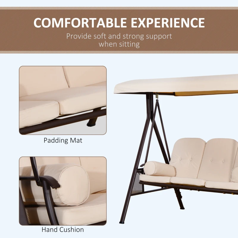 Outsunny 3 Seater Heavy Duty Swing Chair Outdoor Lounge Hammock Cushioned Seat W/ Tilt Canopy, Beige