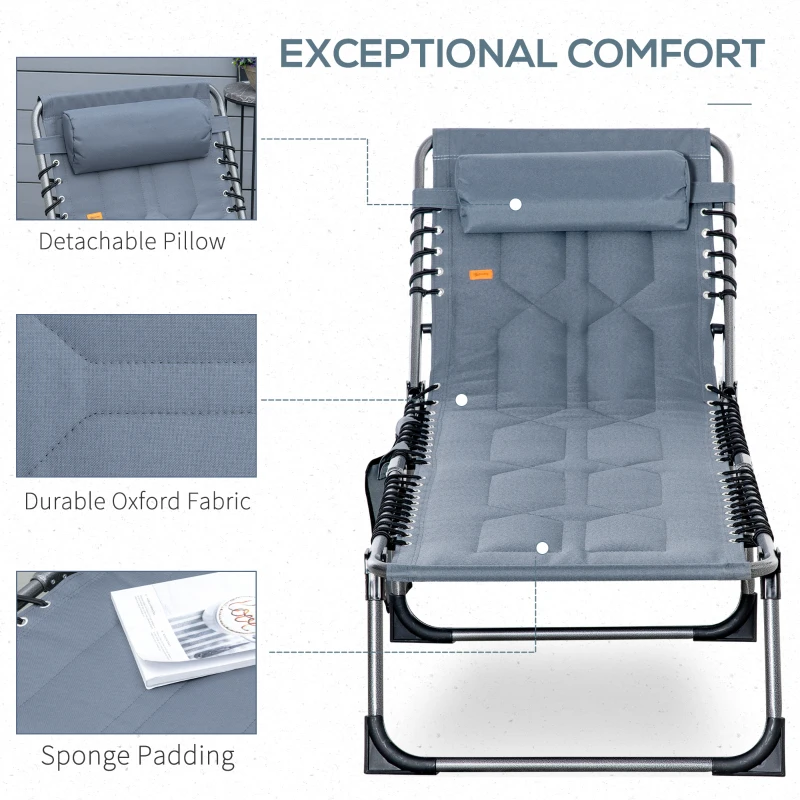Outsunny Outdoor Lounge Chair, Folding Chaise Lounge, Patio Padded Tanning Chair with 5-position Adjustable Backrest, Pillow and Pocket for Deck, Beach, Lawn and Sunbathing, Grey