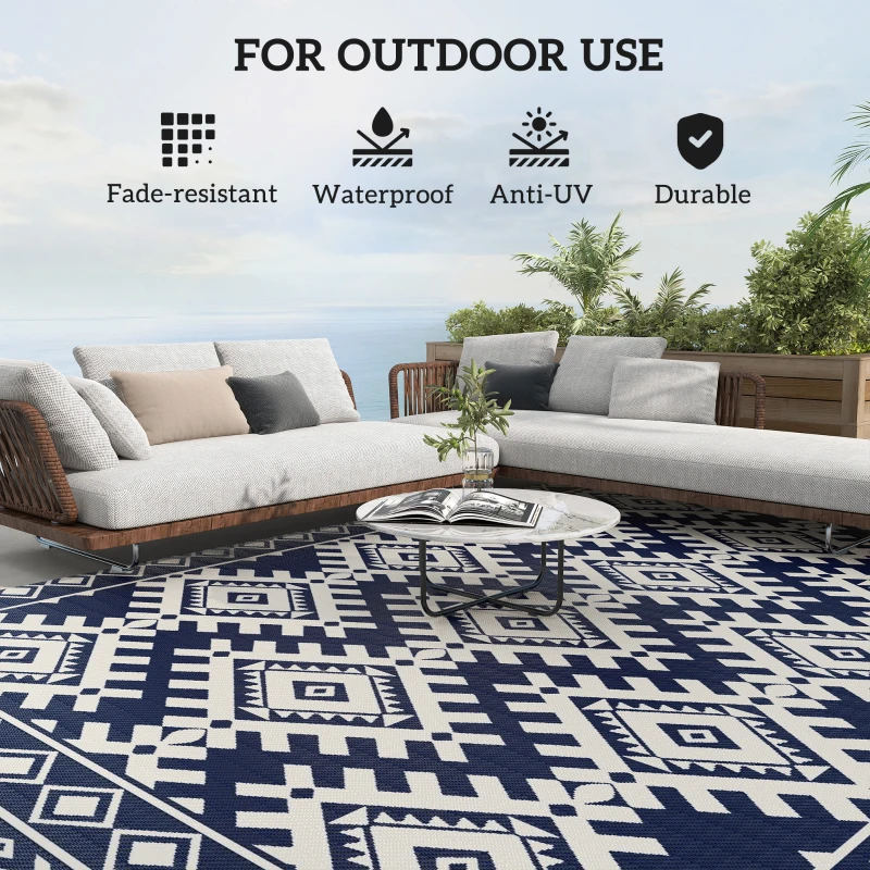 Outsunny Reversible Outdoor Rug, Waterproof Plastic Straw with Carry Bag, 9' x 18', Blue & White Rhombus Border