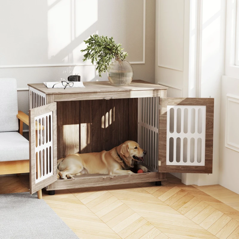 PawHut 39" Dog Crate Furniture with 2 Doors, Adjustable Non-slip Foot Mats, for Large Dogs, Walnut Brown