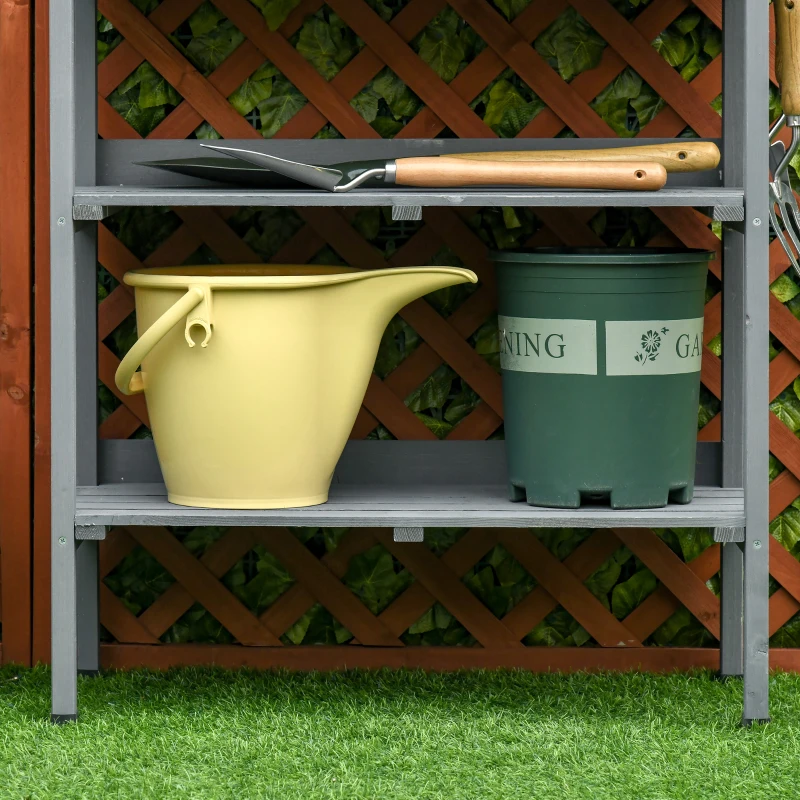 Outsunny Outdoor Garden Wooden Potting Bench Work Station Table Tool Storage Shelf w/ Hooks, Grey