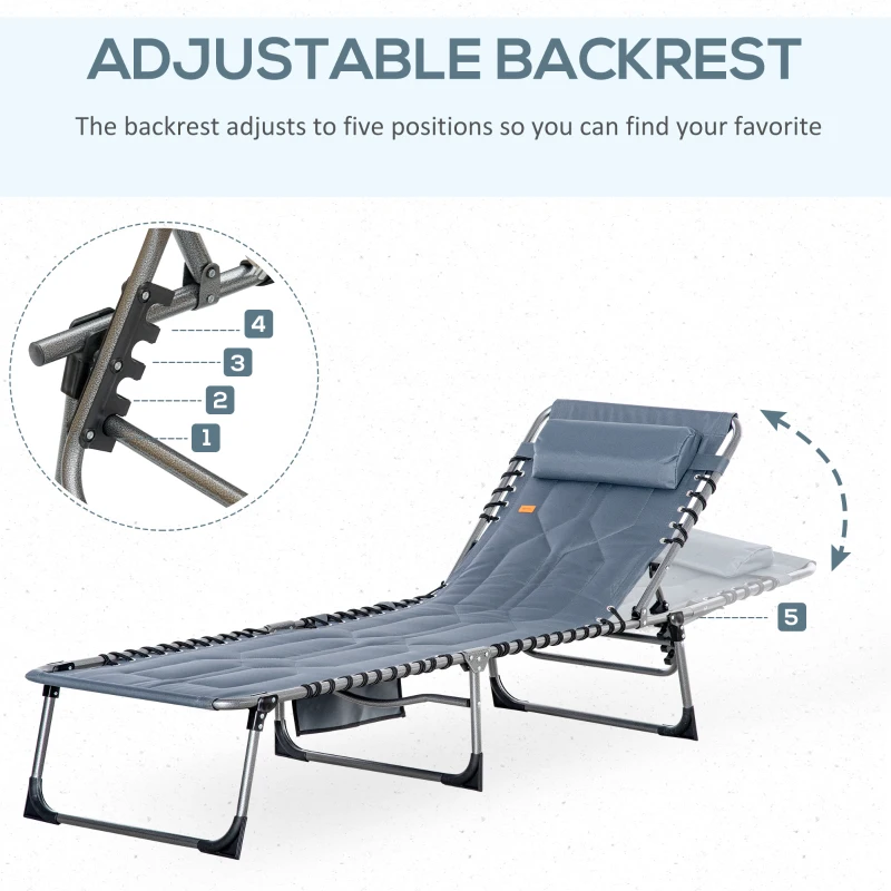 Outsunny Outdoor Lounge Chair, Folding Chaise Lounge, Patio Padded Tanning Chair with 5-position Adjustable Backrest, Pillow and Pocket for Deck, Beach, Lawn and Sunbathing, Grey