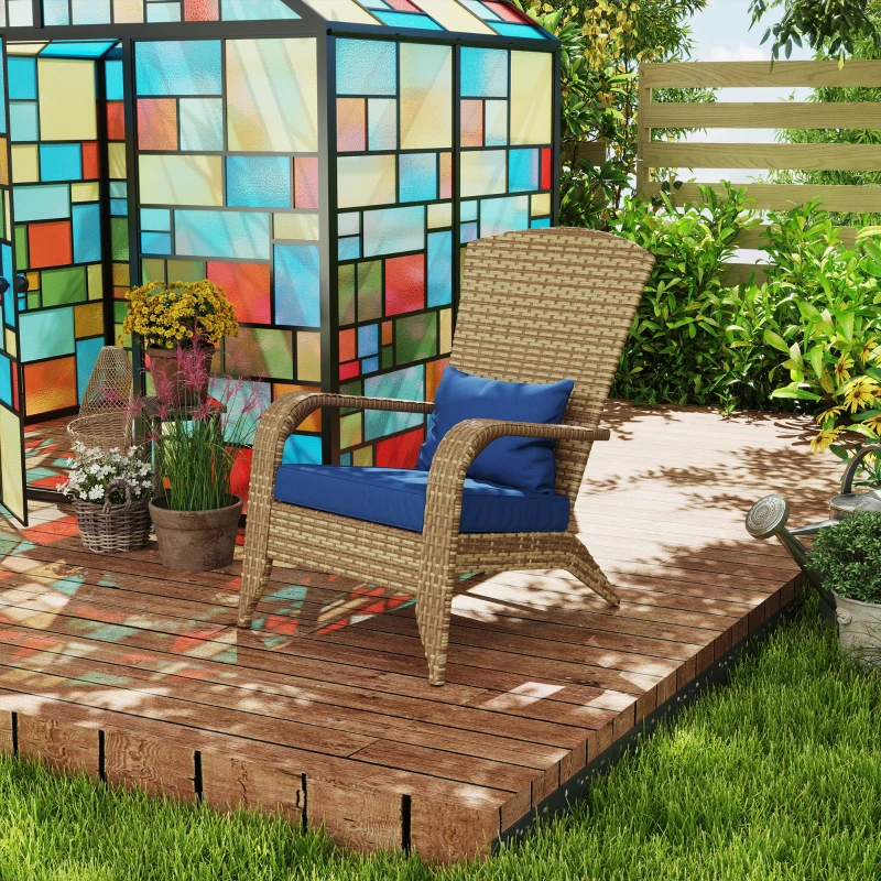 Outsunny Patio Adirondack Chair with Rattan Wicker, Soft Cushions, Tall Curved Backrest for Deck or Garden, Dark Blue