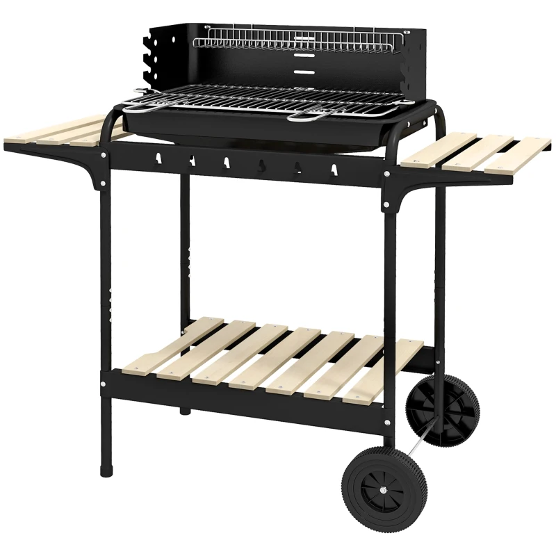 Outsunny Charcoal Barbecue Grill with Adjustable Grill Height, Portable BBQ Trolley with Ash Catcher and Wheels, Black