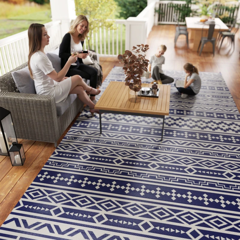 Outsunny 9' x 18' Outdoor RV Rug, Reversible Patio Floor Mat with Carry Bag, Geometric Wall, Blue and White