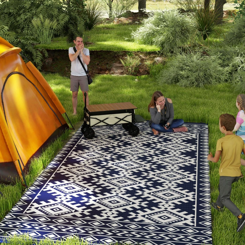 Outsunny Reversible Outdoor Rug, Waterproof Plastic Straw with Carry Bag, 9' x 18', Blue & White Rhombus Border