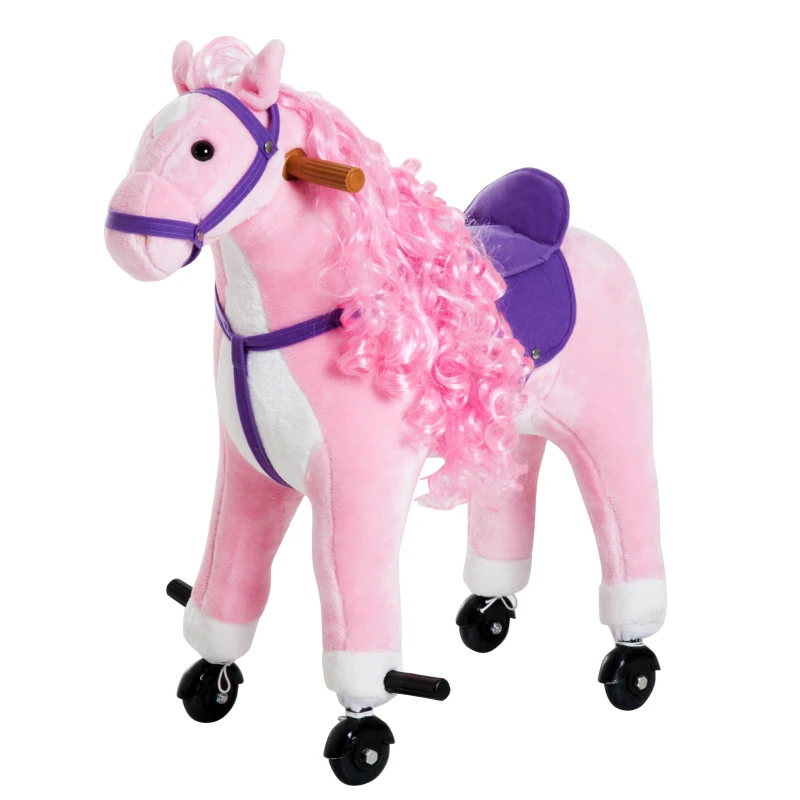 Qaba Kids Rocking Horse, Large Walking Ride on Toy for Toddlers 3 year old, Baby Plush Animal Rocker with Sound and Wheel, Pink