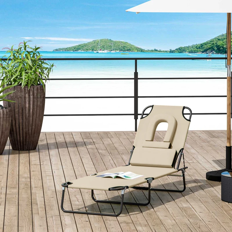 Outsunny Outdoor Lounge Chair, Garden Folding Chaise Lounge w/ Adjustable Backrest, Face Hole and Support Pillow, Beige