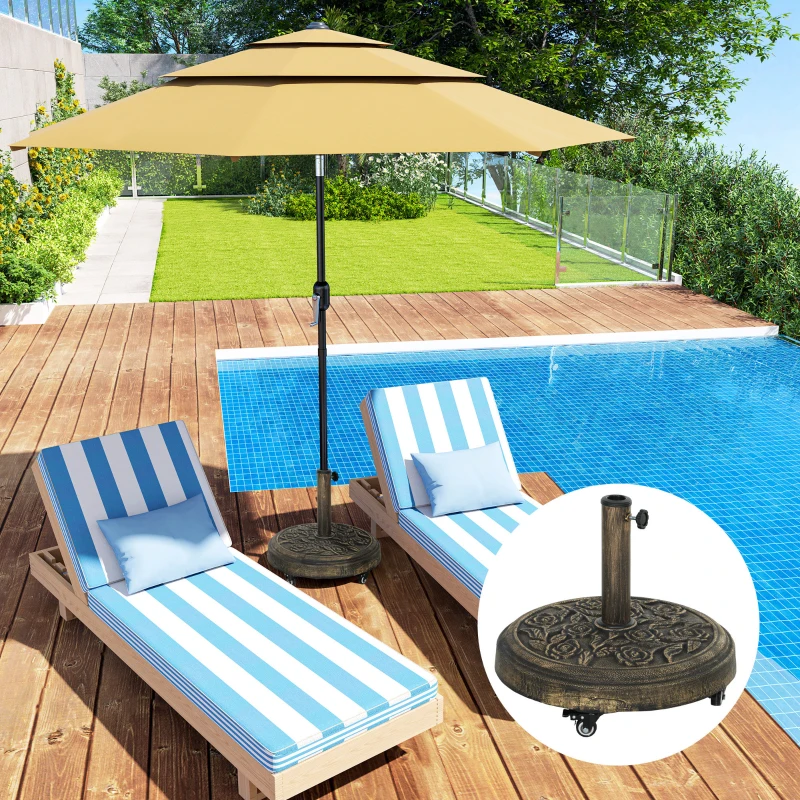 Outsunny 46 lbs Resin Round Patio Umbrella Base, Umbrella Stand with Wheels, Outdoor Umbrella Stand for 1.3"/1.5"/1.9" Umbrella Poles for Outdoor, Lawn, Poolside, Bronze
