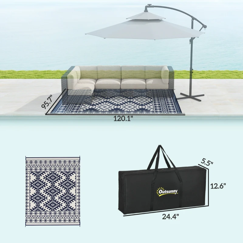 Outsunny Reversible Outdoor Rug, Waterproof Plastic Straw with Carry Bag, 8' x 10', Blue & White Rhombus Border