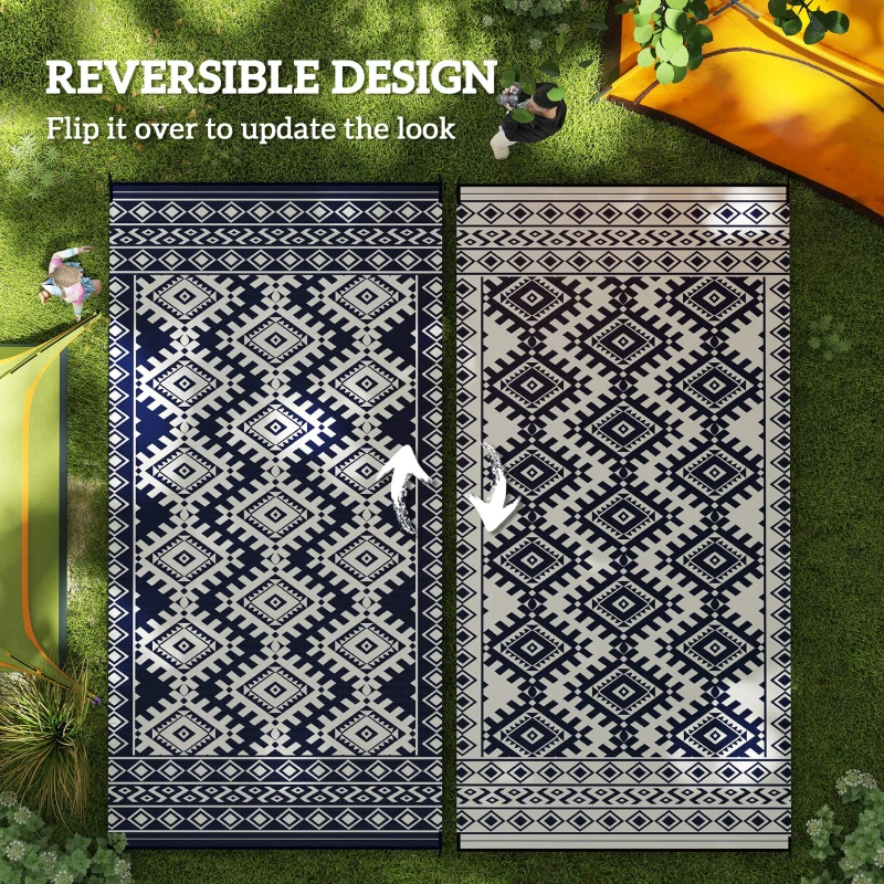 Outsunny Reversible Outdoor Rug, Waterproof Plastic Straw with Carry Bag, 9' x 18', Blue & White Rhombus Border