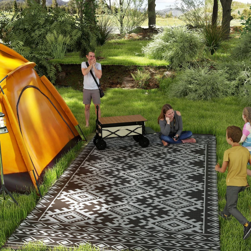 Outsunny Reversible Outdoor Rug, Waterproof Plastic Straw with Carry Bag, 9' x 18', Black & Gray Rhombus Border