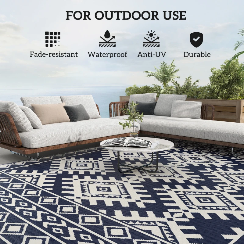 Outsunny Reversible Outdoor Rug, Waterproof Plastic Straw with Carry Bag, 9' x 12', Blue & White Rhombus Border