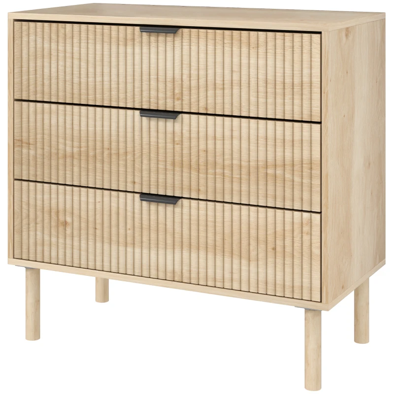 HOMCOM Bedroom Chest of Drawers, 3 Drawer Dresser with Fluted Panels and Solid Wood Legs, Storage Cabinet for Living Room, Oak
