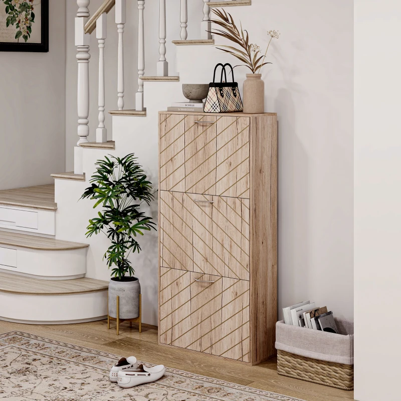 HOMCOM Shoe Storage Cabinet with 3 Flip Drawers, Narrow and Slim, 12 Pair of Shoes Organizer for Hallway, Entryway, Nature Wood