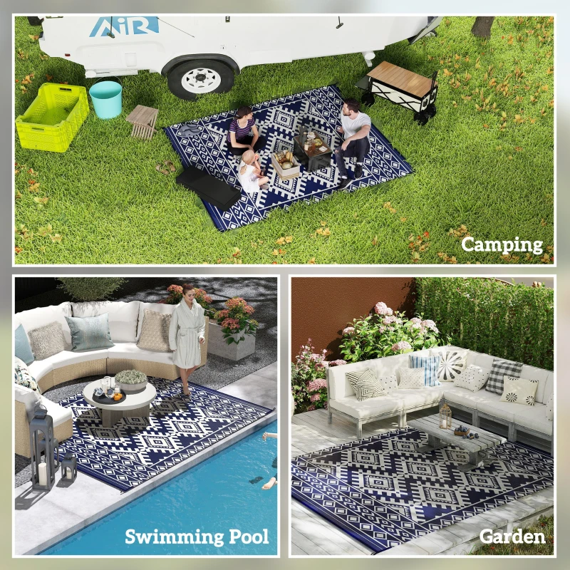 Outsunny Reversible Outdoor Rug, Waterproof Plastic Straw with Carry Bag, 8' x 10', Blue & White Rhombus Border