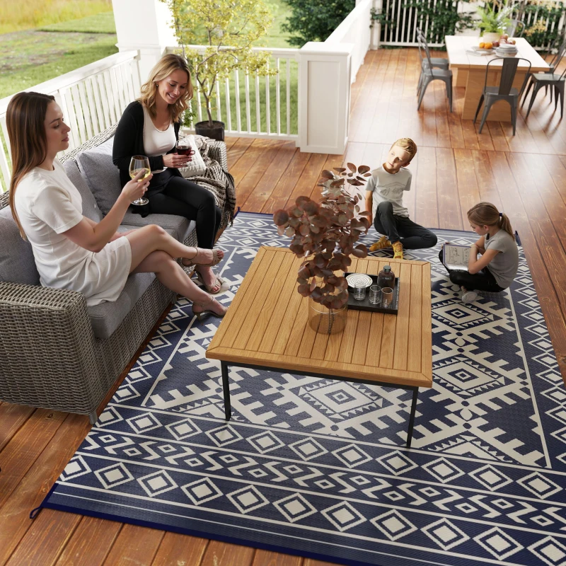 Outsunny Reversible Outdoor Rug, Waterproof Plastic Straw with Carry Bag, 8' x 10', Blue & White Rhombus Border